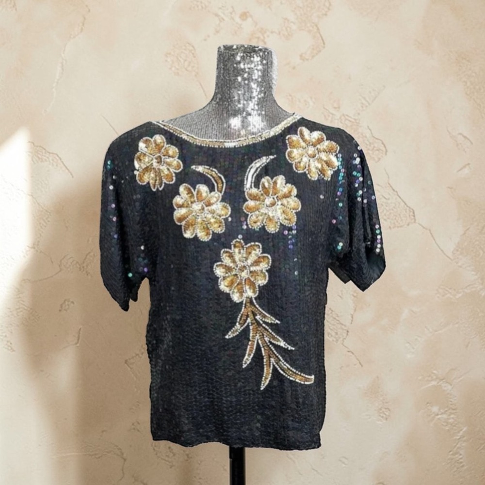 Vintage Silk Whimsigoth‎ Sequin Floral Beaded Black Top Boxy Short Sleeve Small